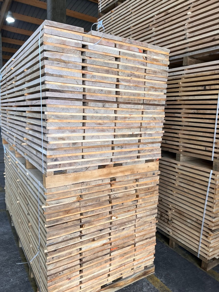 Stickered stacks of old growth French oak lumber