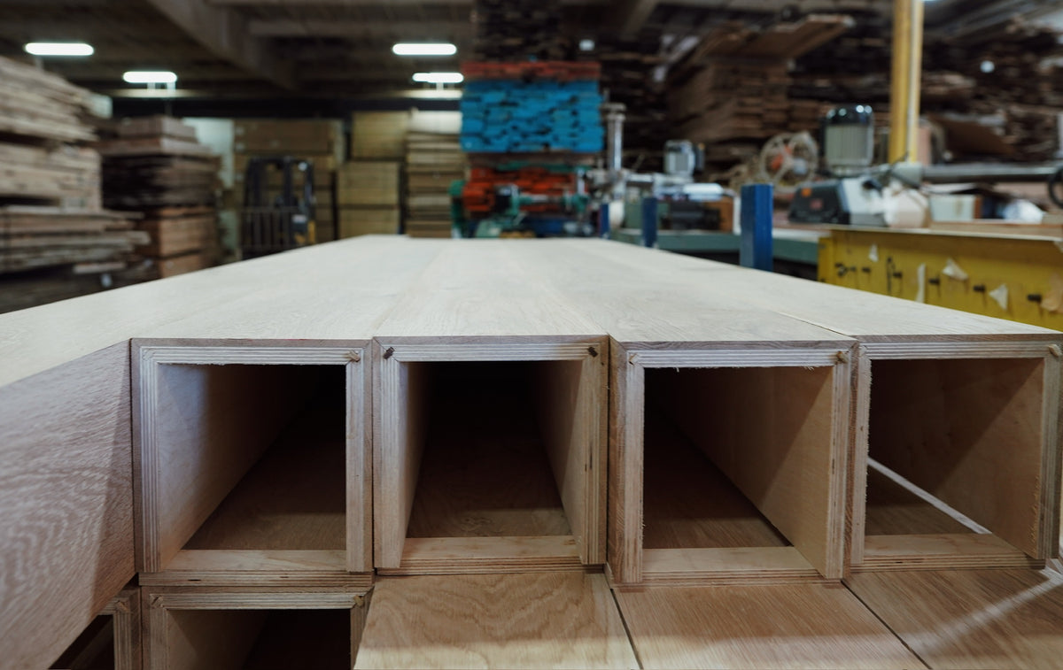 Mitered ends of old growth French oak box beams