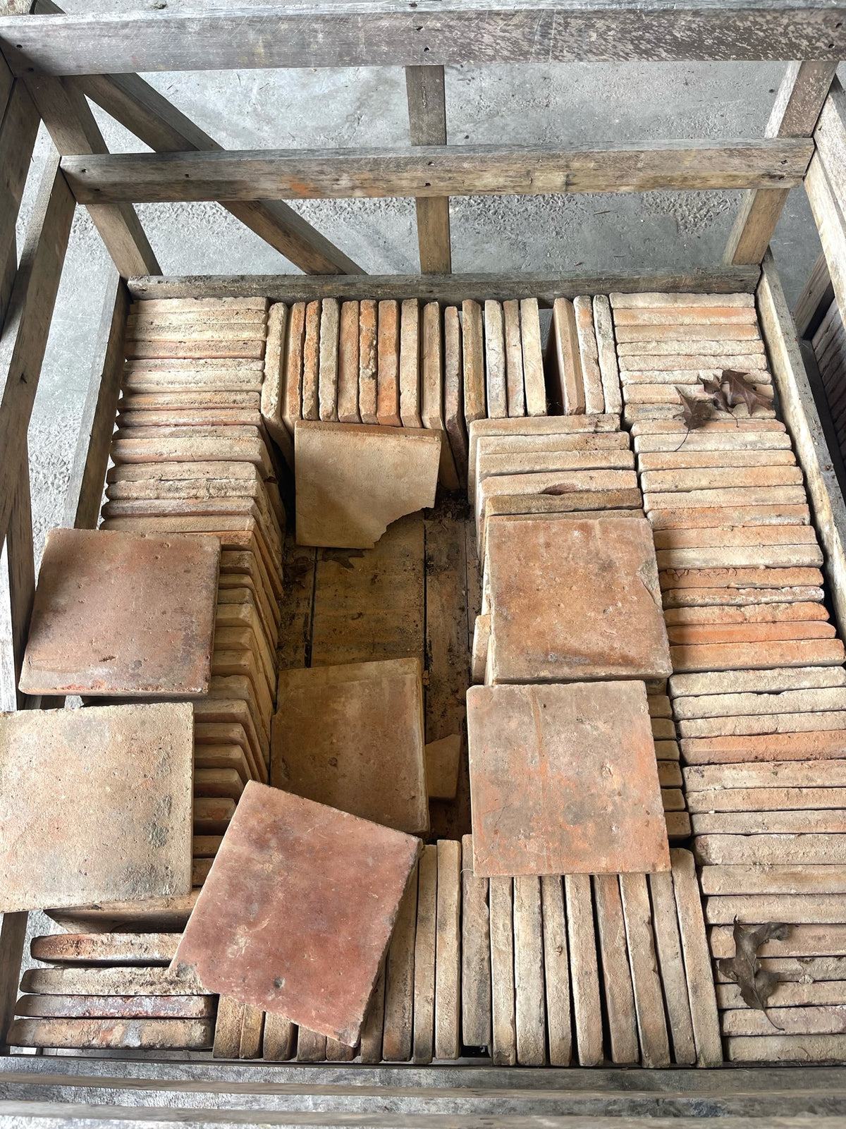 Crate of reclaimed French terracotta tiles