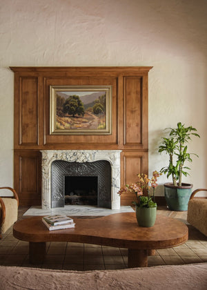 Haussmann chevron oak floor and fireplace
