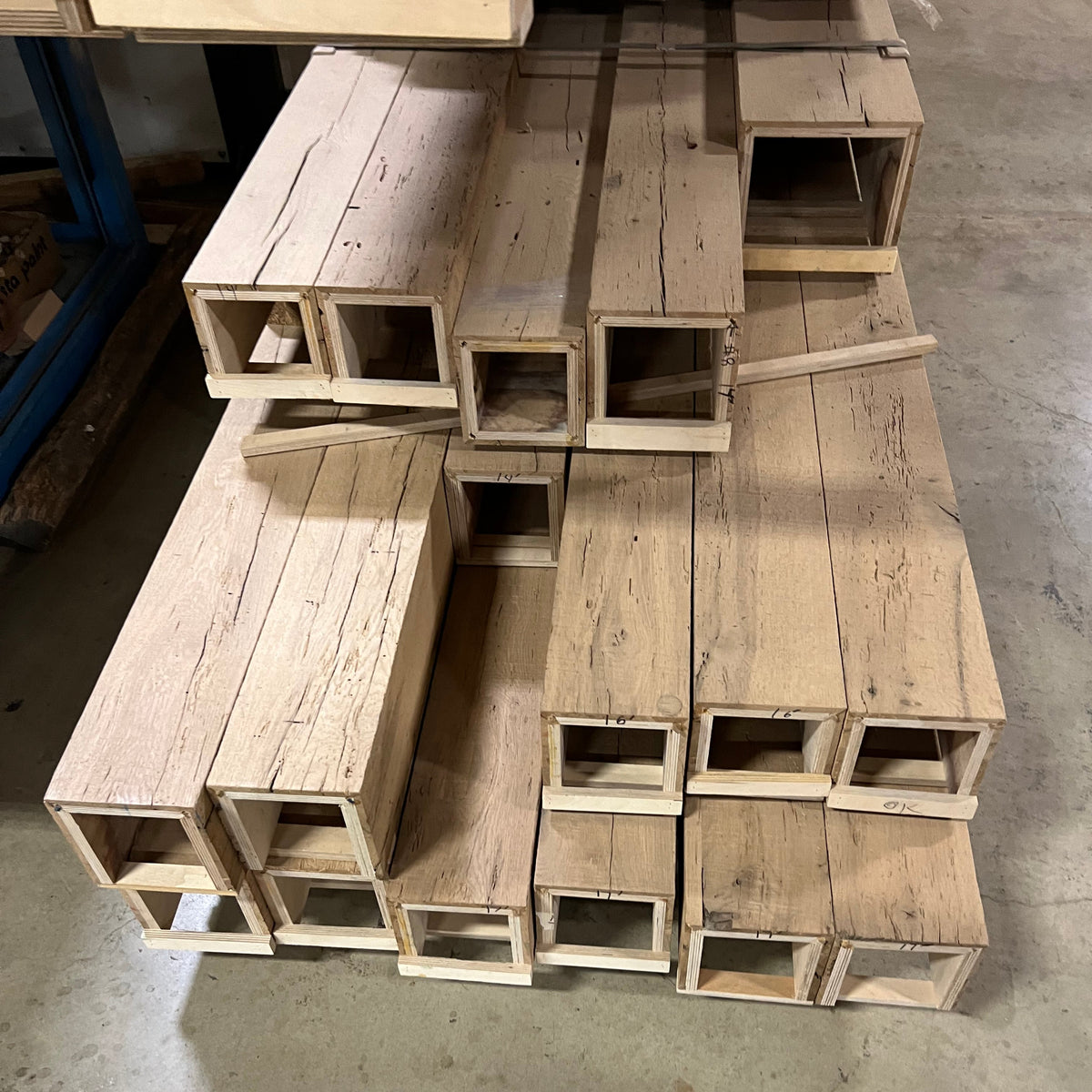 Resawn reclaimed American oak beams showcasing rustic texture and unique grain patterns.