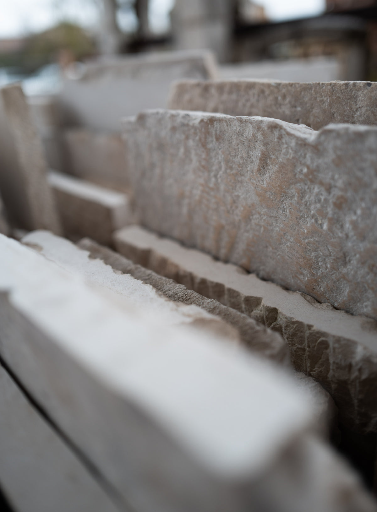Tooled edges of reclaimed limestone slabs