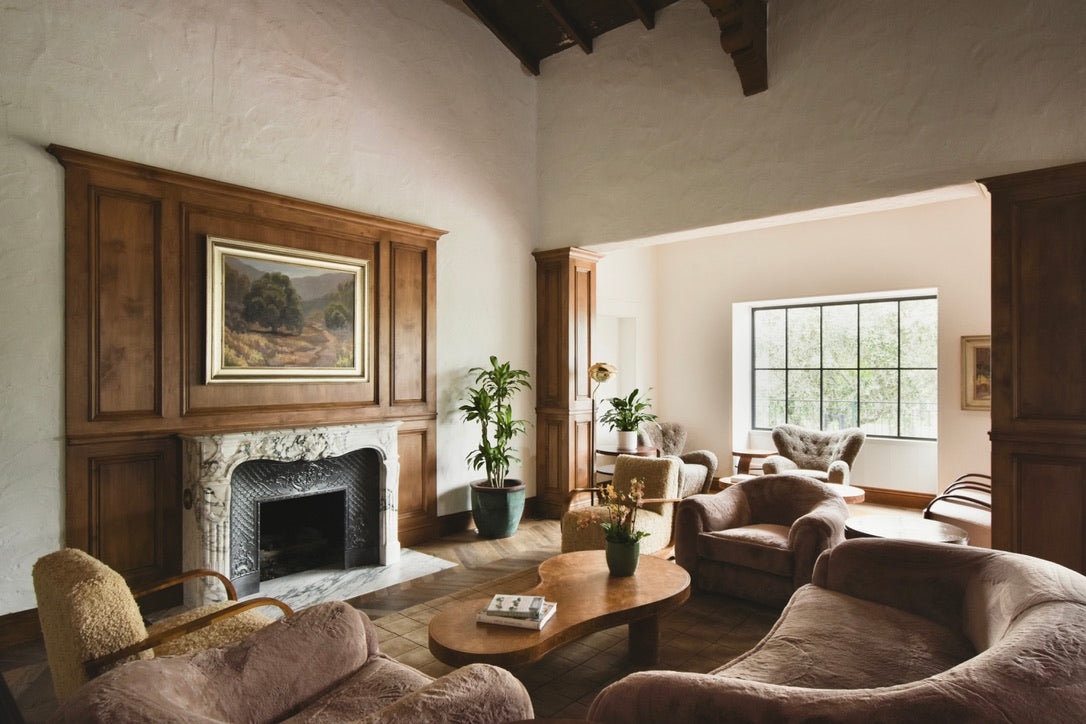 Haussmann chevron oak floor in fireplace room