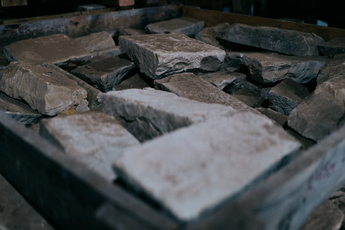 Crate of reclaimed Dalle de Bourgogne limestone