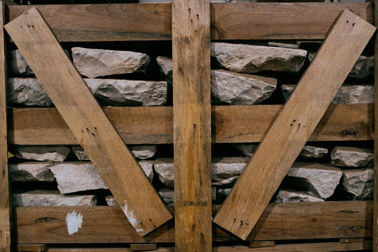 Reclaimed limestone packed in a wooden crate
