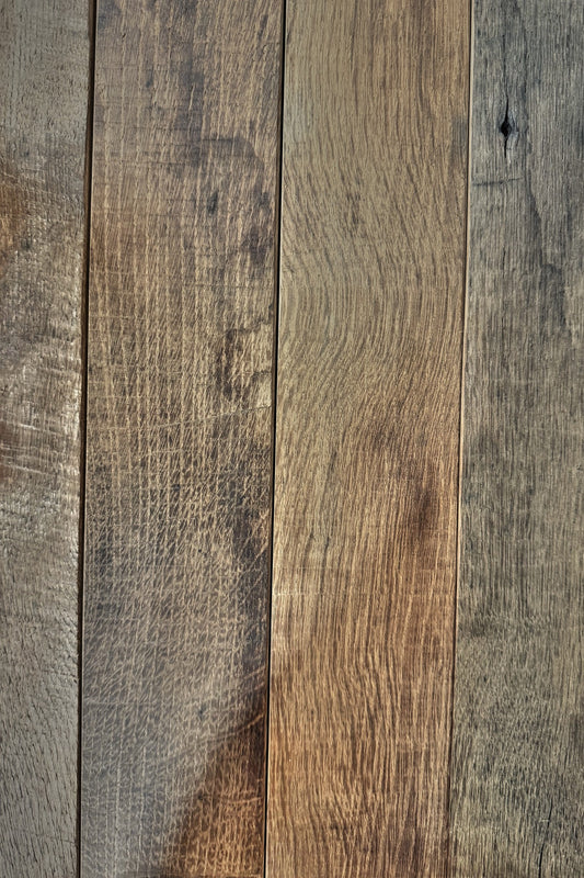 Reclaimed original French oak floorboards, 3 inch wide, showing saw marks and patina
