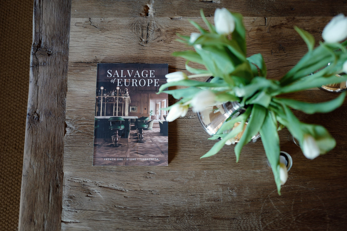 Reclaimed French oak table top with the Salvage of Europe brochure