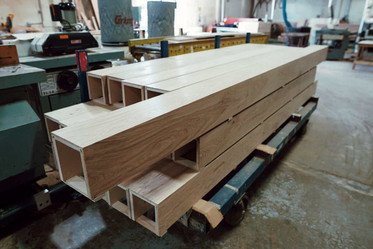 Old growth French oak box beams in the workshop