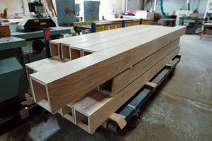 Old growth French oak box beams in the workshop