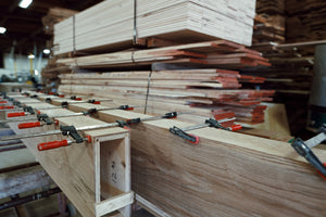 Old growth French oak box beams clamped during glue-up