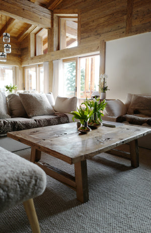 Chalet living room clad in reclaimed European pine