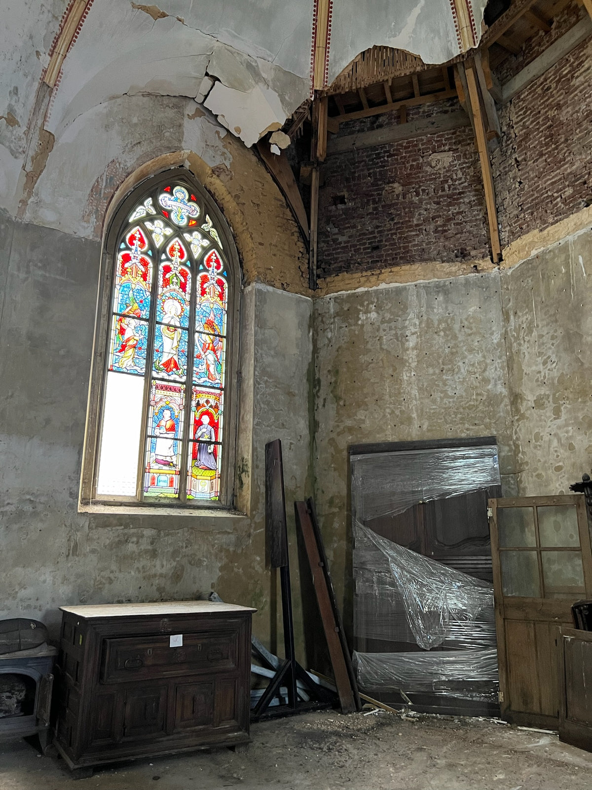 Interior of a disused chapel awaiting salvage