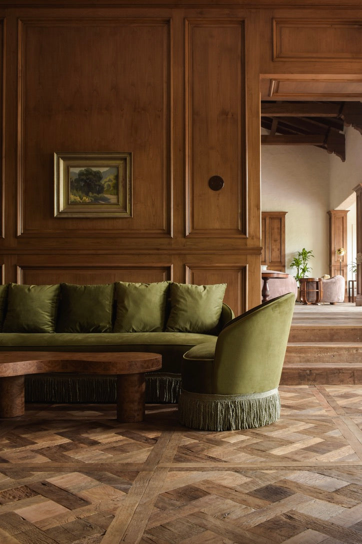 Reclaimed French oak Versailles panel floor in a panelled salon